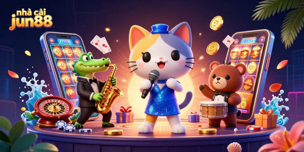 Trải nghiệm thế giới trò chơi tại nhà cái jun88 với hình ảnh màu sắc và sòng bạc sống động.