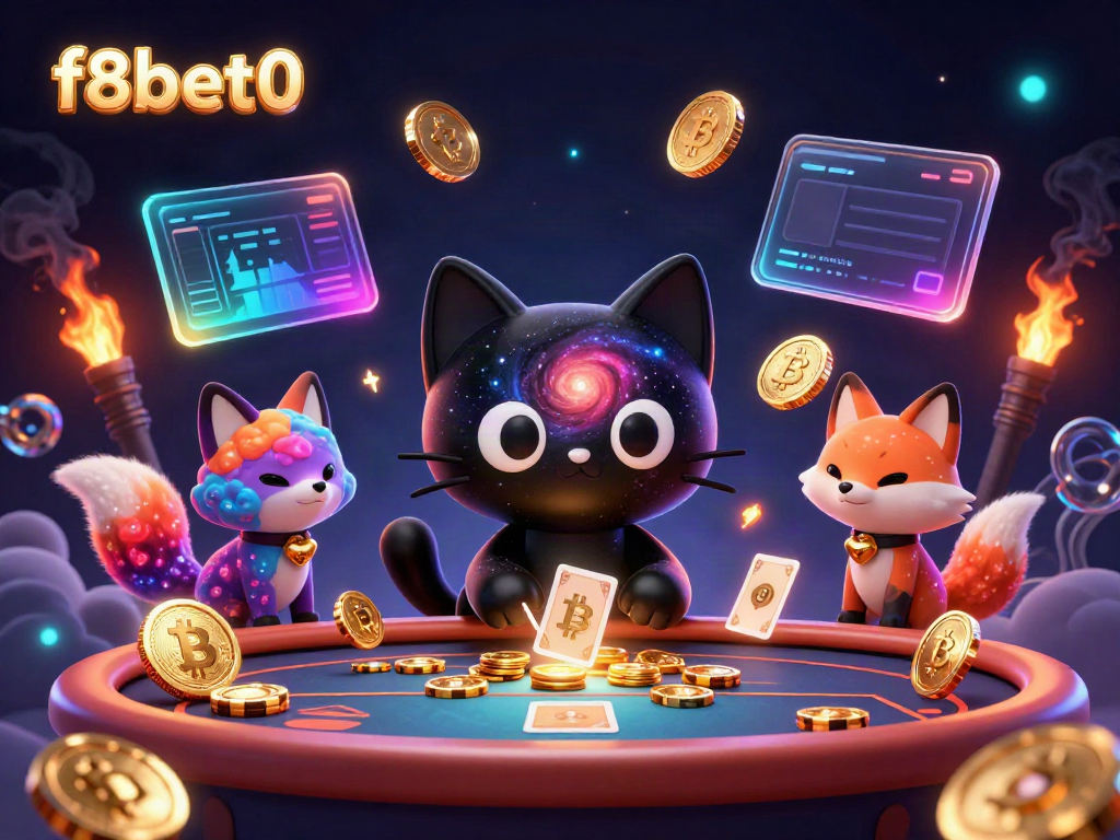 Engage in thrilling bets as f8bet0's enchanting cat and fox duo creates a cosmic casino atmosphere.