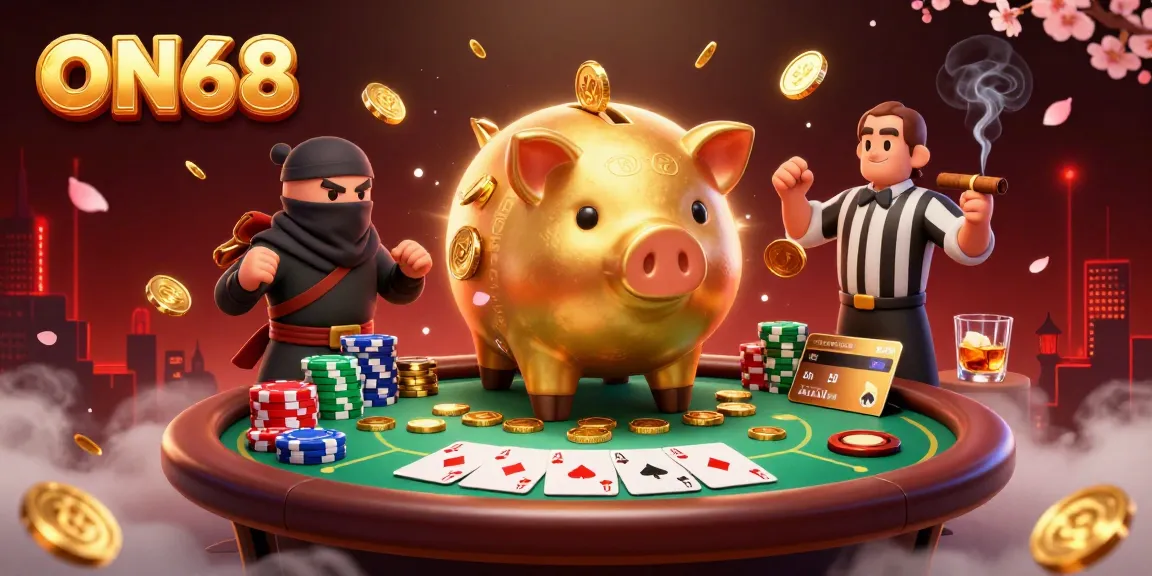 Experience exciting poker action with ON68's vibrant 3D illustration featuring animated characters and casino elements.