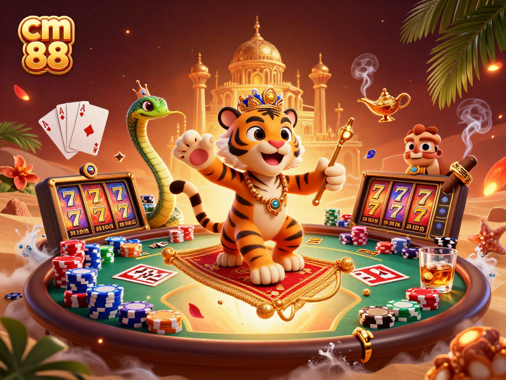 Experience thrilling excitement with cm 88's vibrant 3D casino scene featuring a sultan on a magical carpet.