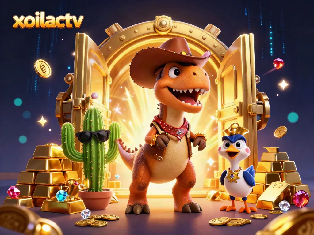 Xoilactv presents a colorful casino adventure with a T-Rex cowboy, highlighting thrilling games and treasures.