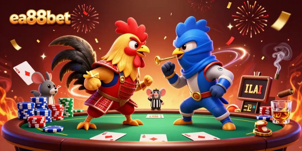 ea88bet showcases a thrilling standoff between samurai and ninja roosters amidst vibrant casino elements