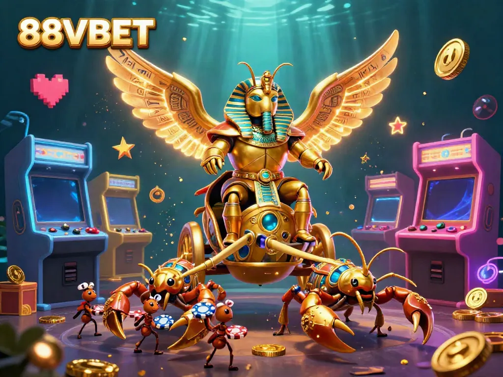 Experience the vibrant 88VBET casino realm with a pharaoh's beetle chariot amidst animated gaming elements.