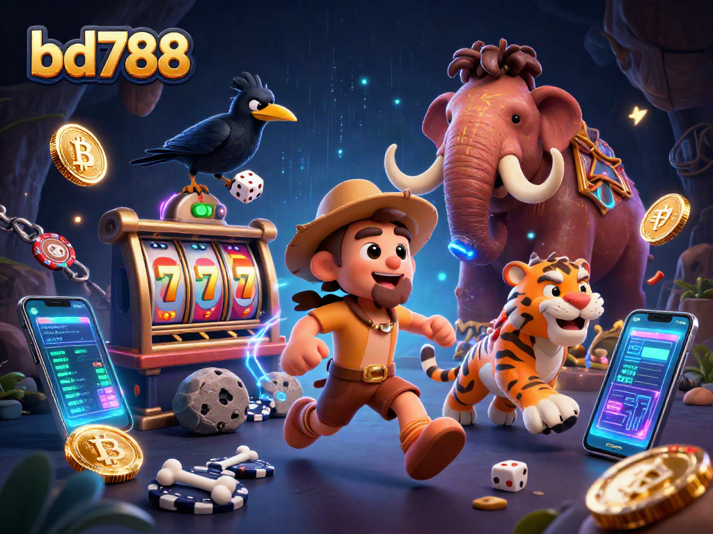 Engage with bd788 slots featuring a caveman, sabertooth tiger, and clever crow in a vibrant casino setting.