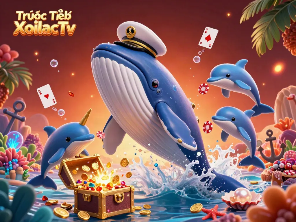 Experience Trực Tiếp XoilacTv with a vibrant 3D casino scene featuring a whale and dolphins in action.