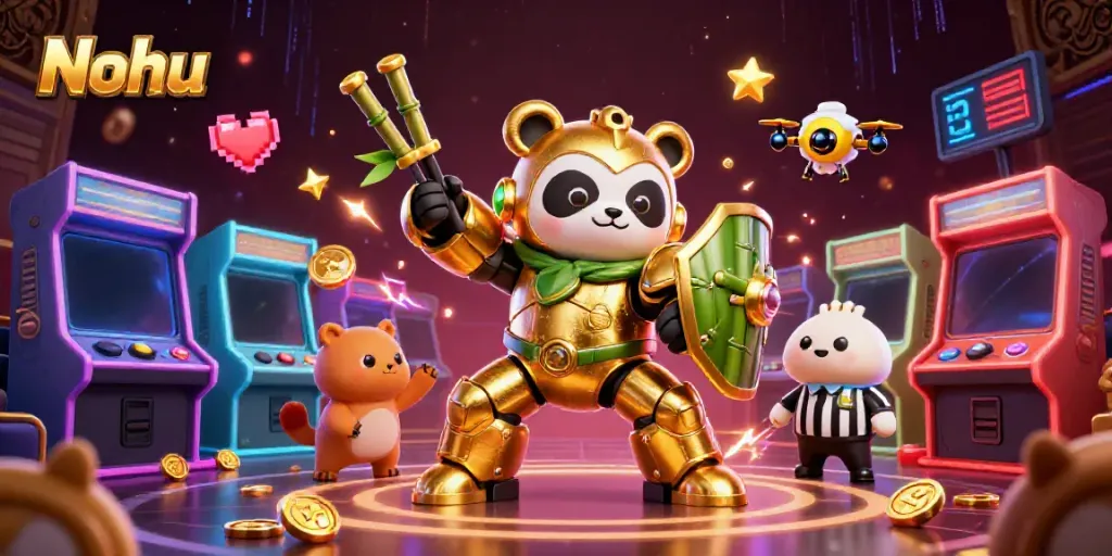 Experience Nohu's vibrant casino adventure with a golden panda piloting a unique fighting robot amidst interactive game elements.