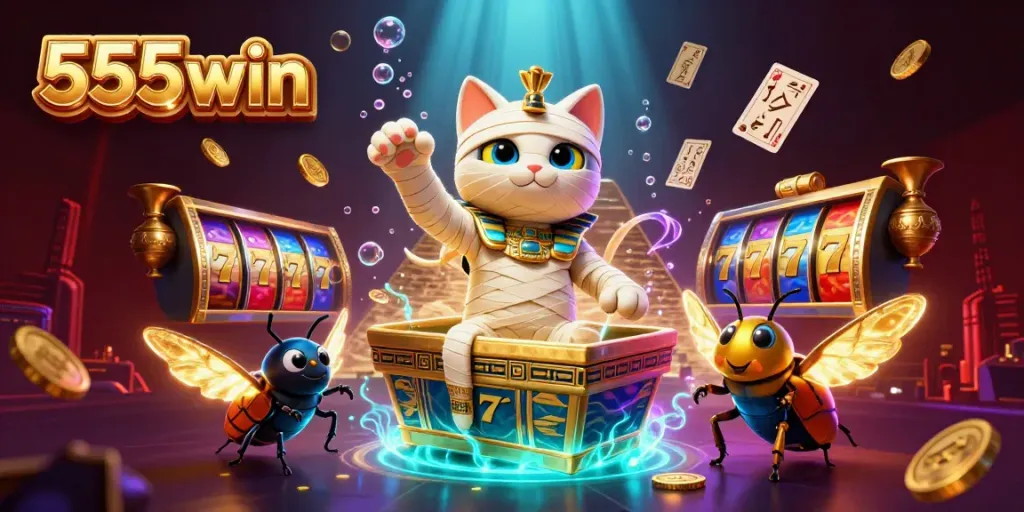 Experience ultimate gambling thrills with 555win as Egyptian characters emerge amidst slot reels and golden coins.