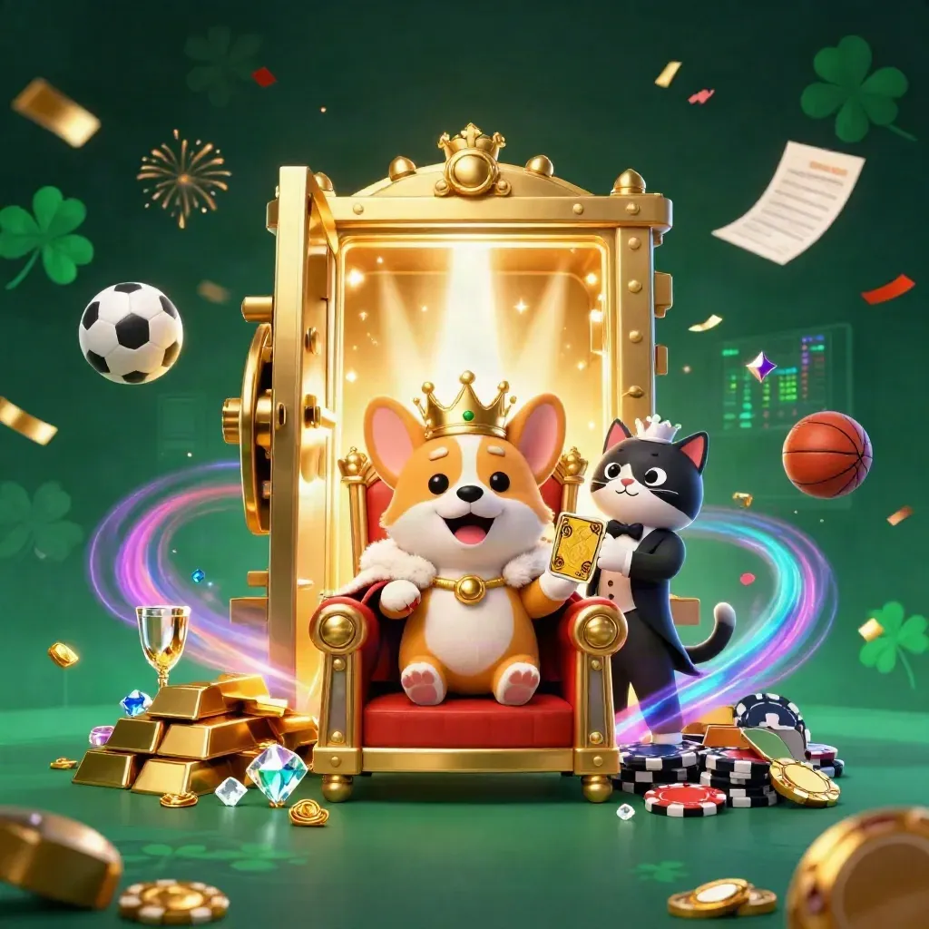 Royal corgi and cat butler amid exploding vault, gold, gems, and sports balls in neon casino glow