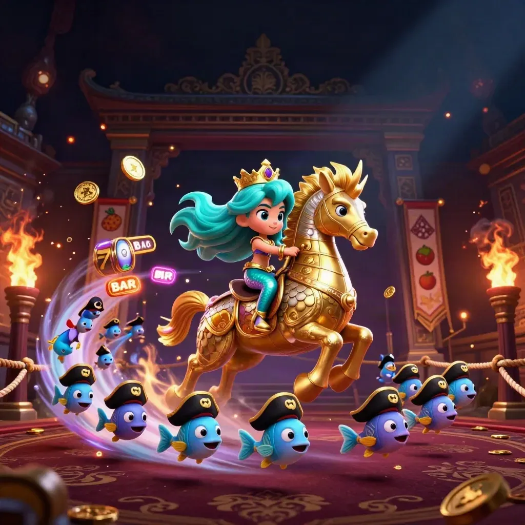 Turquoise mermaid princess on a golden seahorse amid neon treasure, temple gates, and casino symbols.