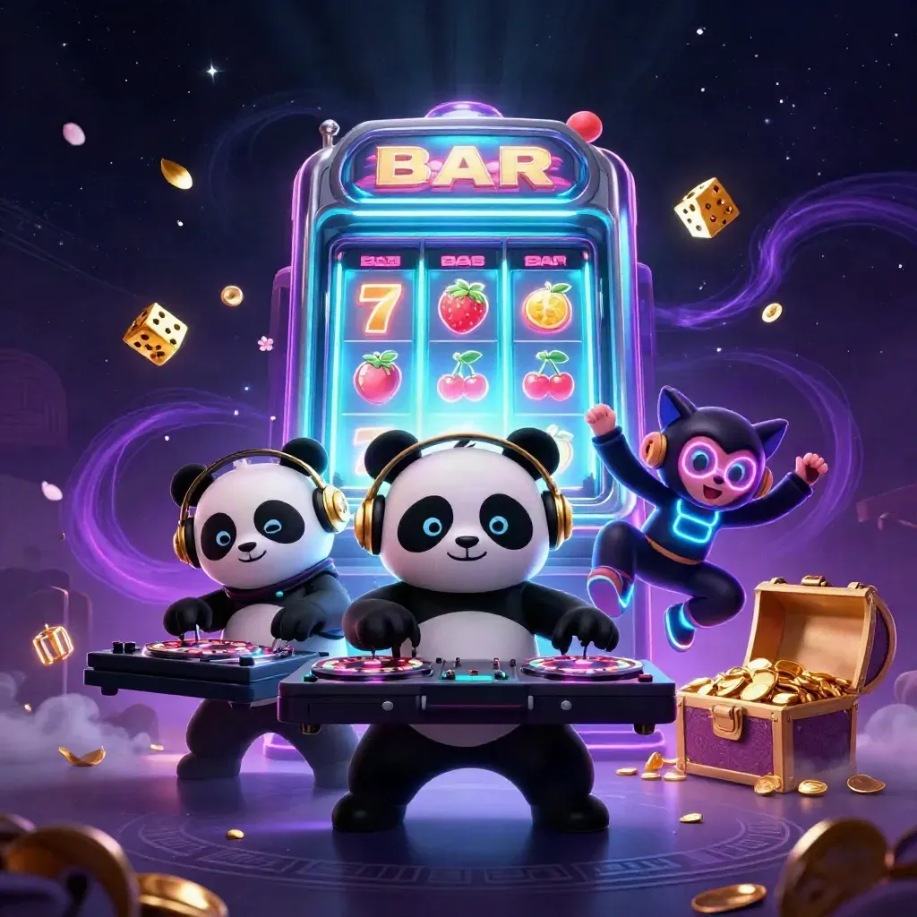 DJ panda, breakdancing monkey, and glow-stick kitten amid cosmic slot bursts and gold