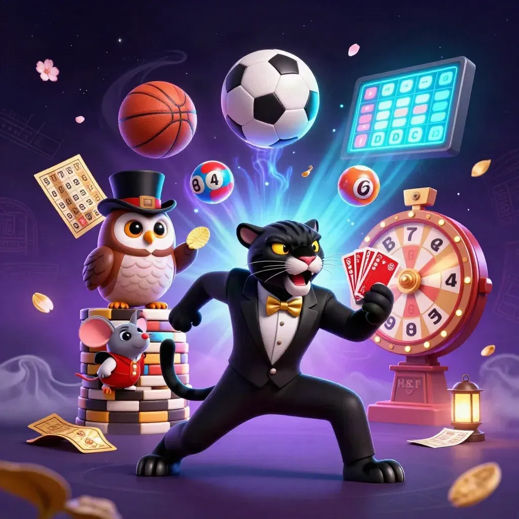 Low-angle cosmic casino scene with panther, owl and mouse amid flying sports balls and neon gold effects