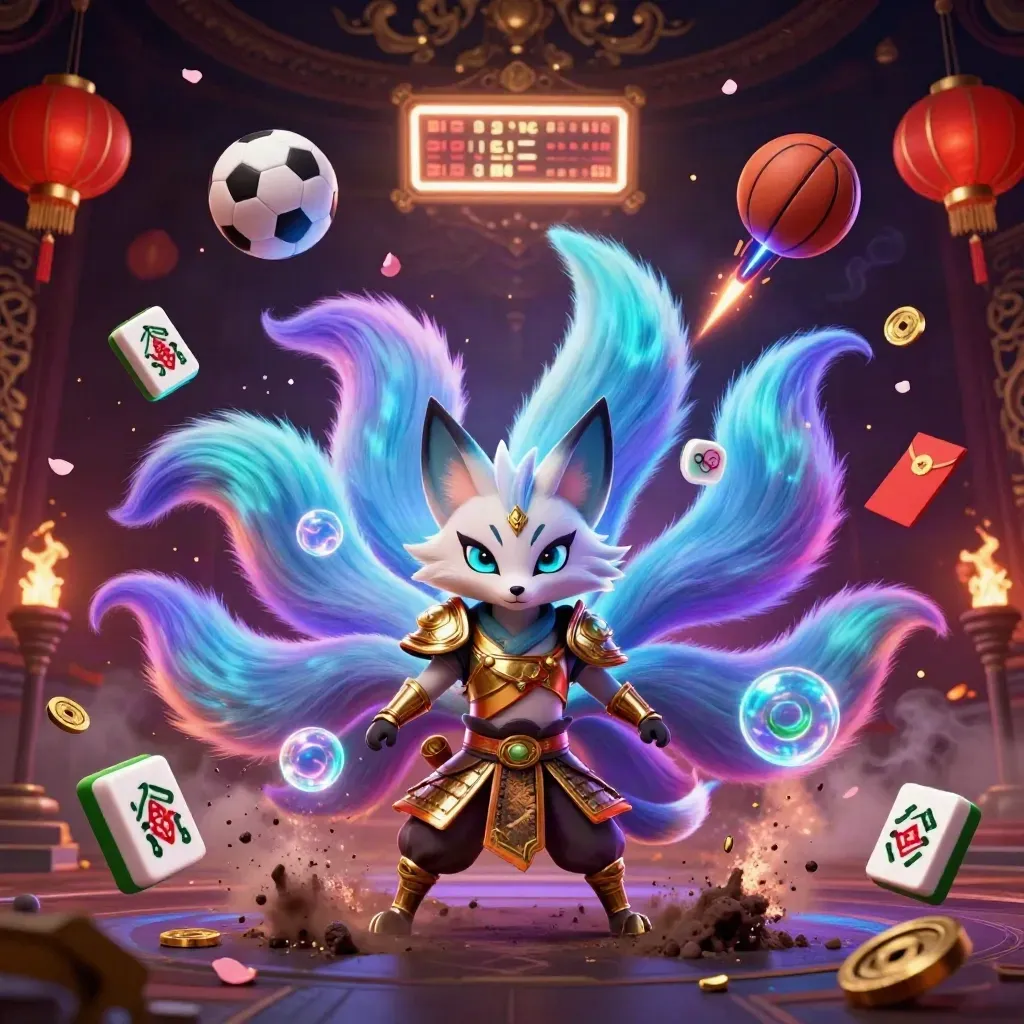 Neon fox spirit and samurai mouse amid flying sports balls, gold casino props, and cosmic embers.