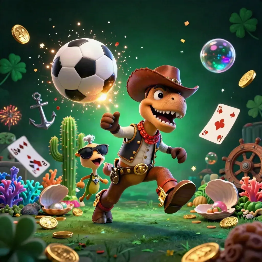 Cowboy T-Rex, cactus sidekick, and roadrunner amid cosmic sports-casino treasure chaos