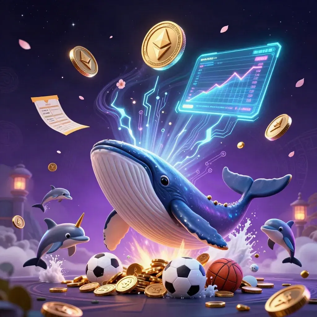 Whale, narwhal, and dolphins burst through glowing coins with sports balls in a neon cosmic casino.