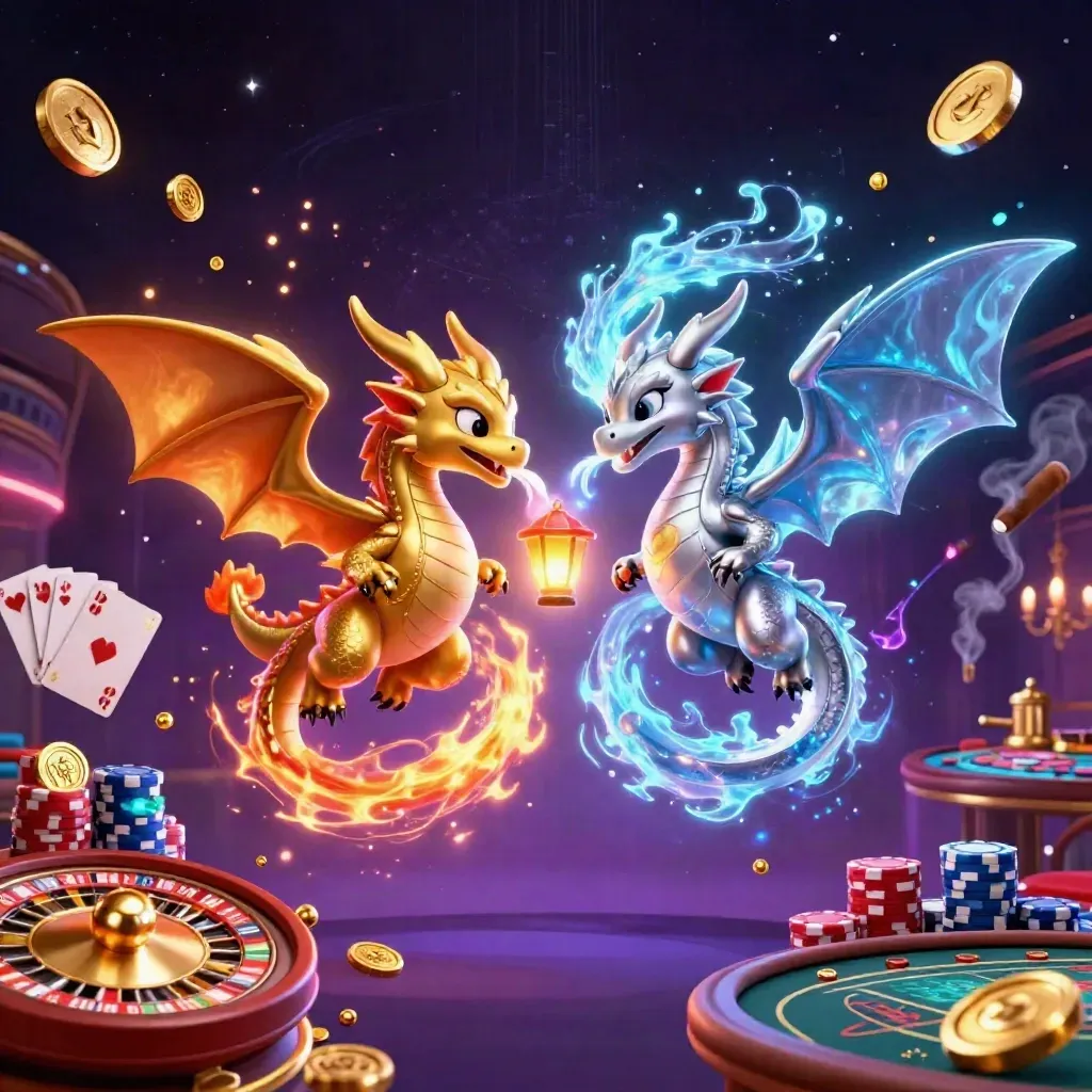 Twin gold and silver dragons spin amid casino lights, coins, cards, chips, and a glowing space backdrop.
