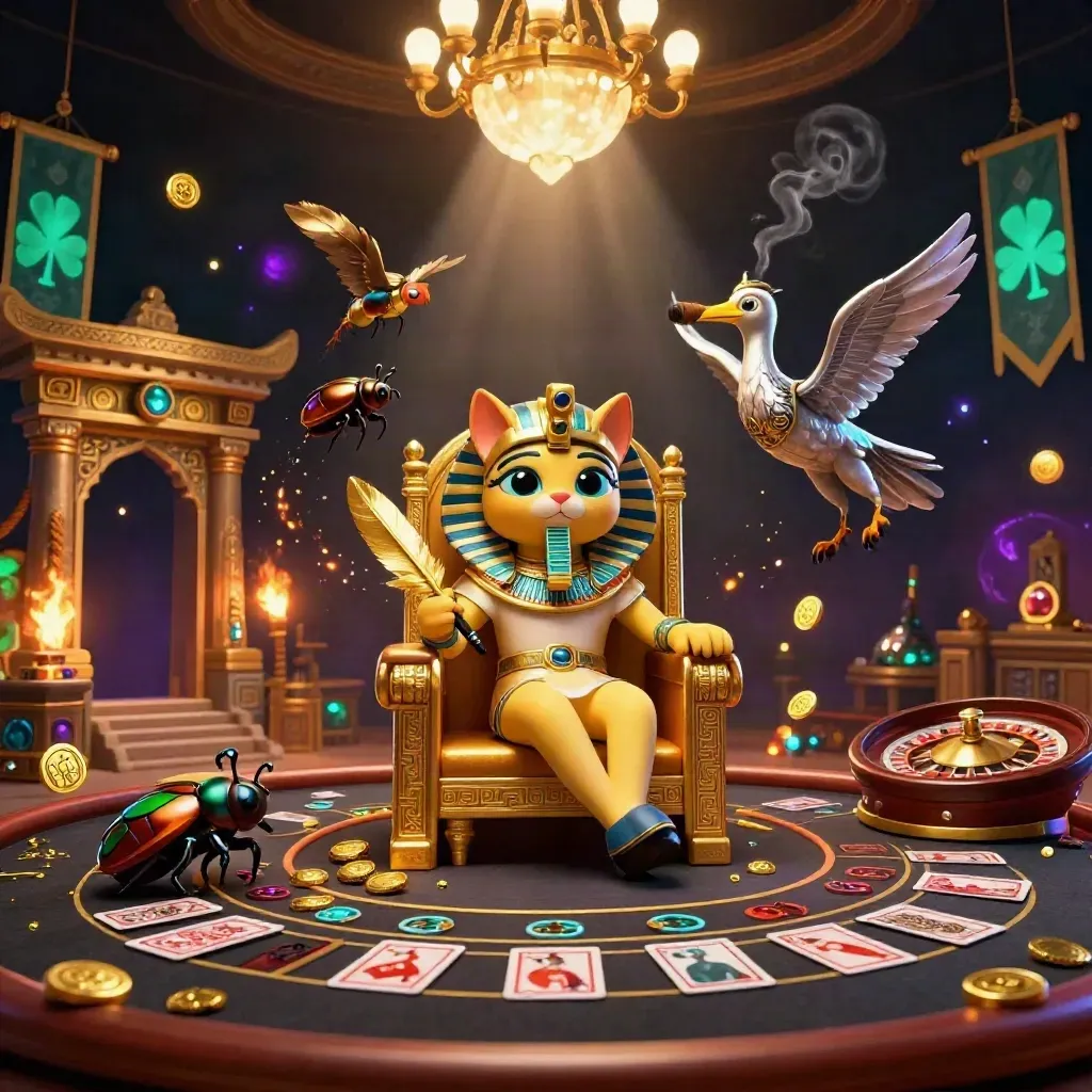 Pharaoh cat, ibis scribe, and gem-winged scarabs in a neon casino room with temple gate and roulette wheel