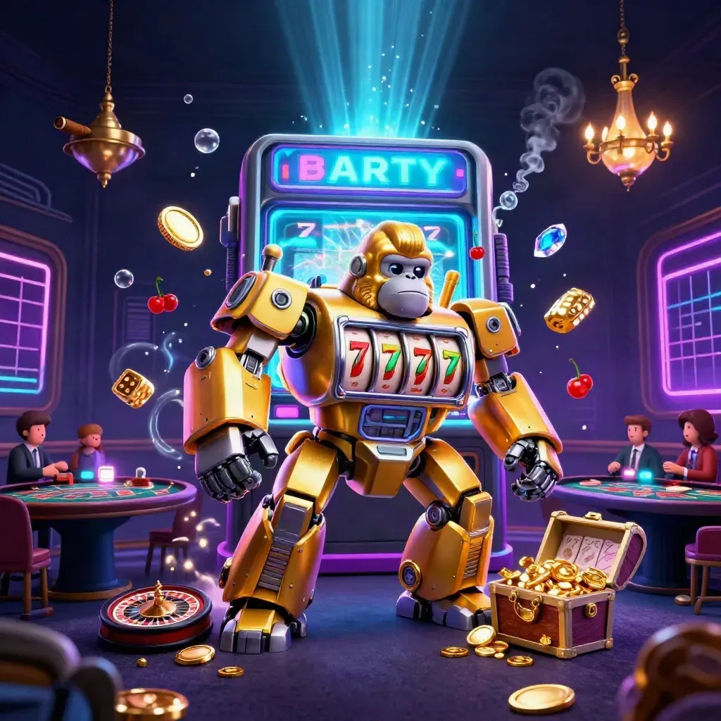 Golden gorilla mech, monkey pilot, slot burst, dice, roulette, and neon casino glow.