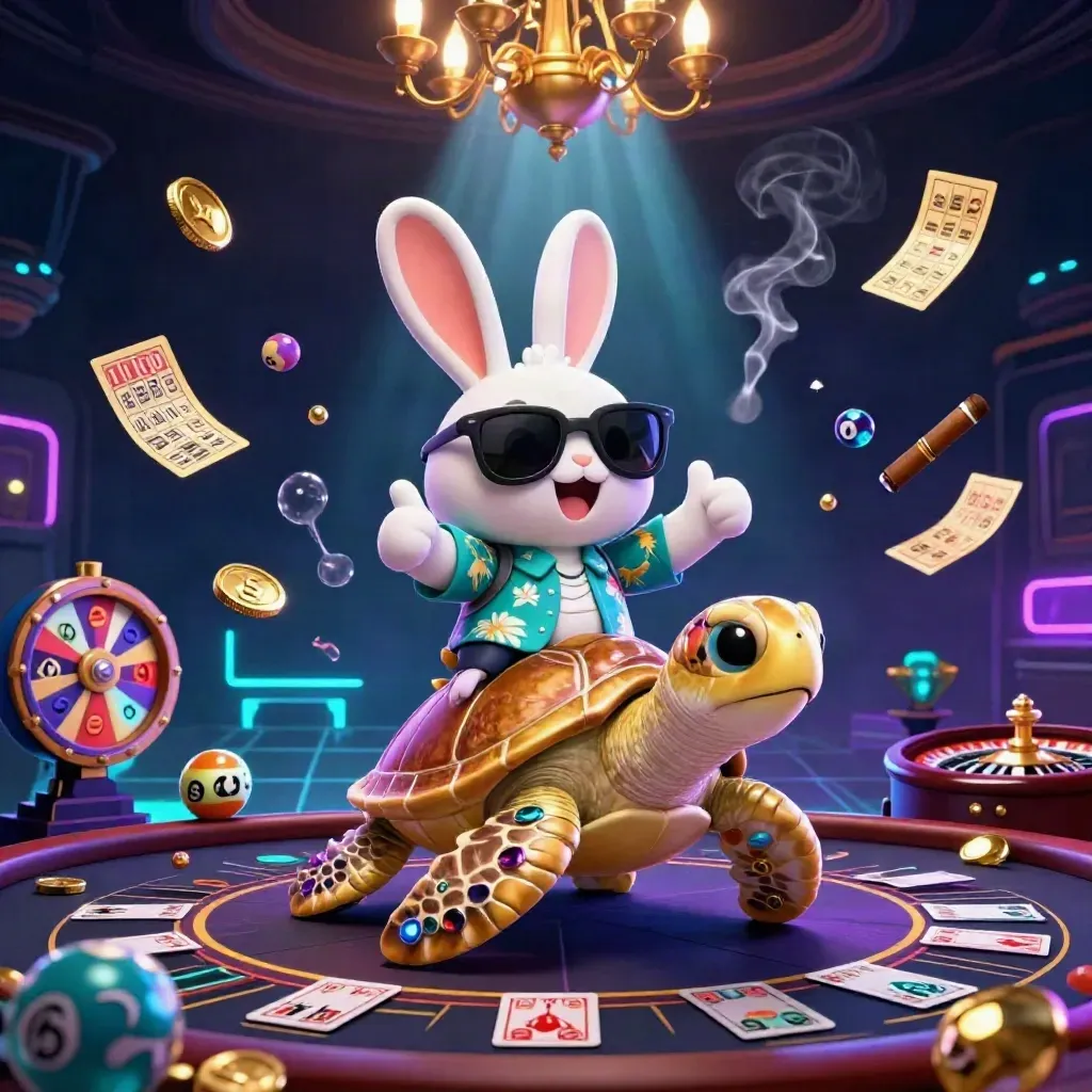 Cartoon rabbit on golden sea turtle, casino items, neon underwater glow