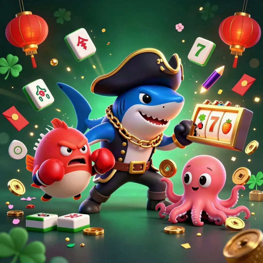 Shark pirate, boxing pufferfish, and juggling octopus amid casino gems and neon glow.