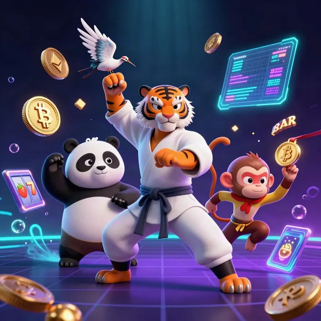 Kung-fu tiger, panda and monkey amid neon crypto coins, slot symbols and cosmic casino glow