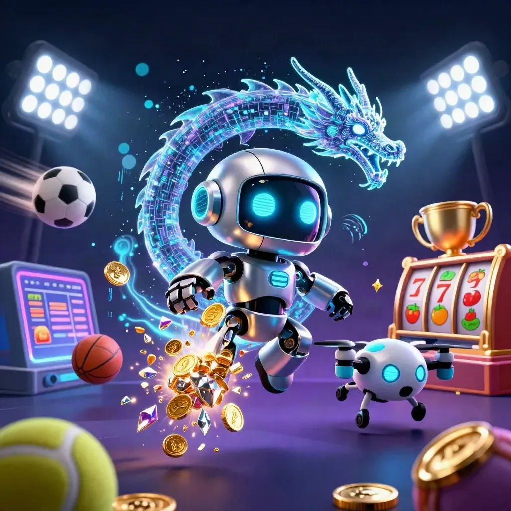 Cyberpunk robot, holographic dragon, and coin drone explode through coins, gems, and sports balls.