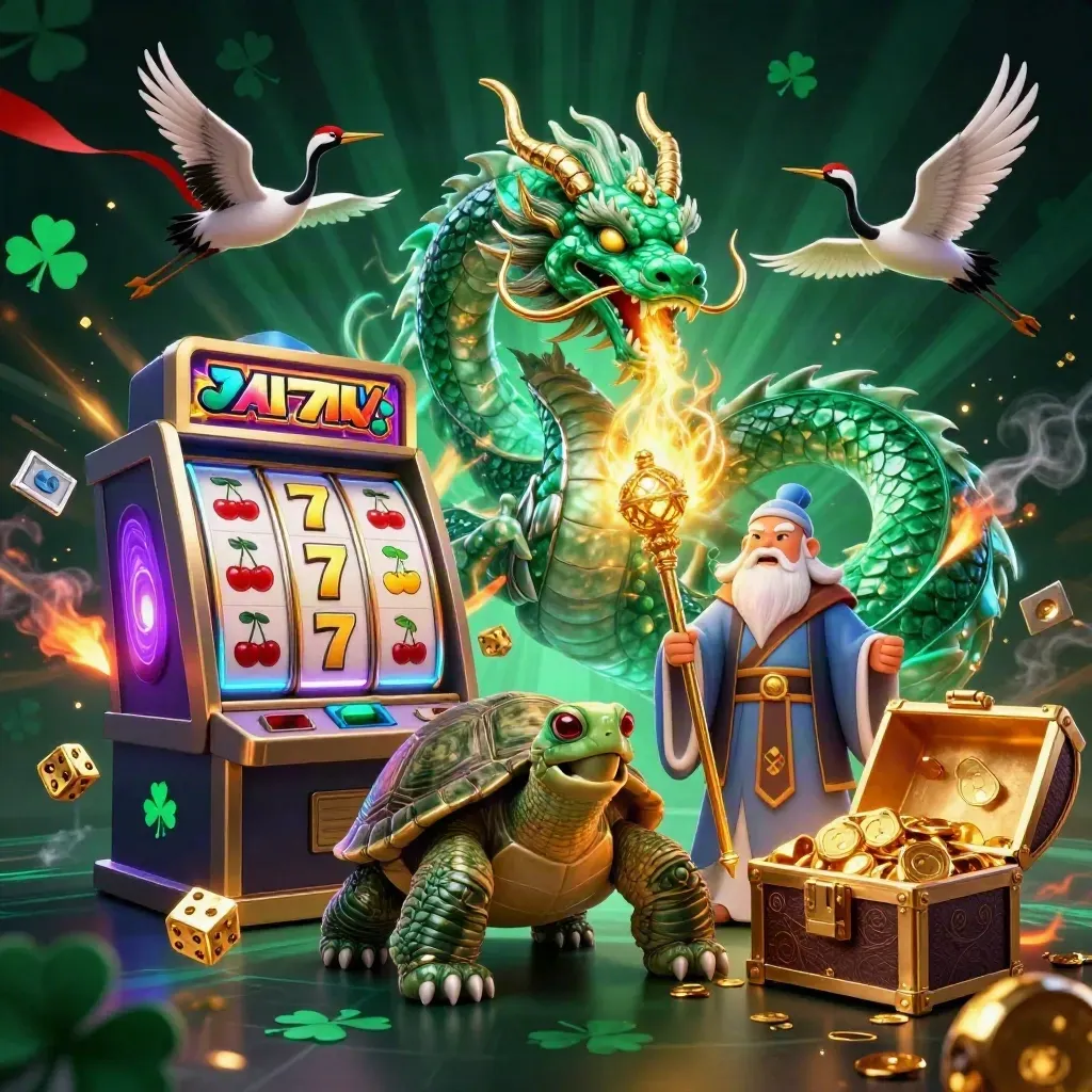 Emerald dragon, turtle sage, and cranes amid gold fire, loot, and neon casino magic.