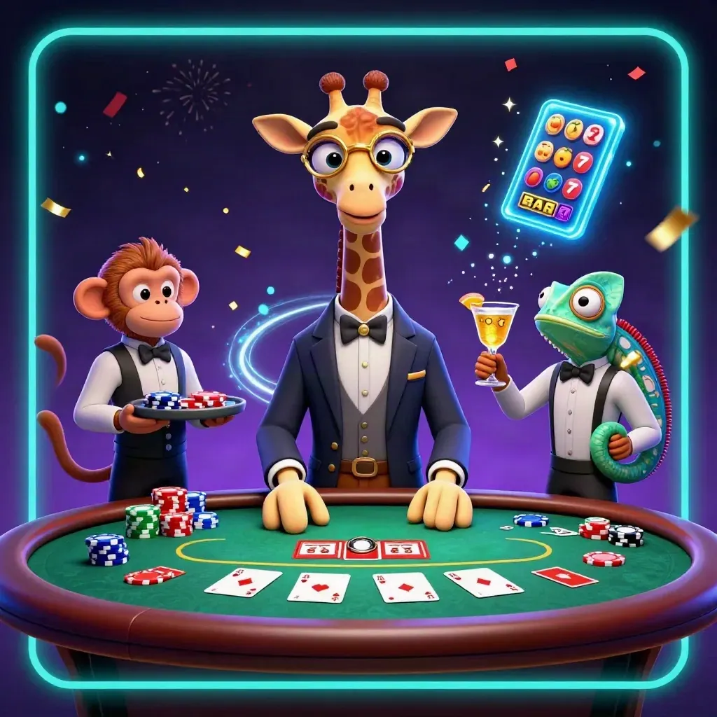 Neon casino poker scene with giraffe, monkey, and chameleon amid chips, cards, and cosmic glow