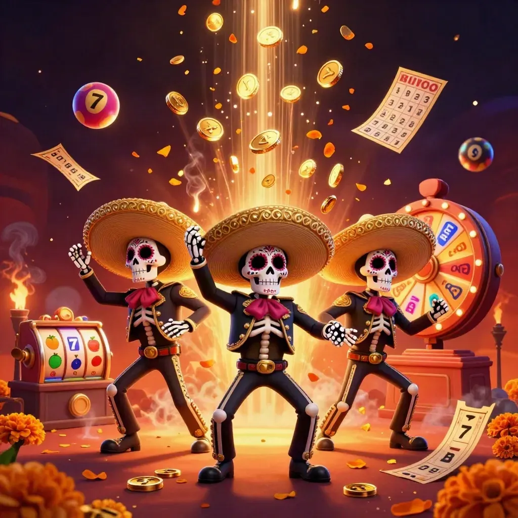 Skeleton mariachi trio celebrating amid coins, lottery balls, fireworks, and neon casino glow.