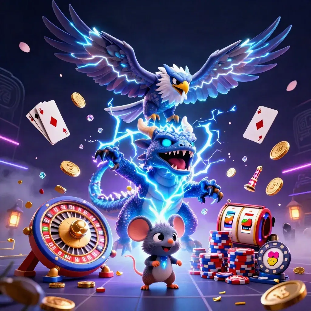 Thunder dragon, wind hawk, and crackling mouse in neon casino space, coins and gems exploding outward.