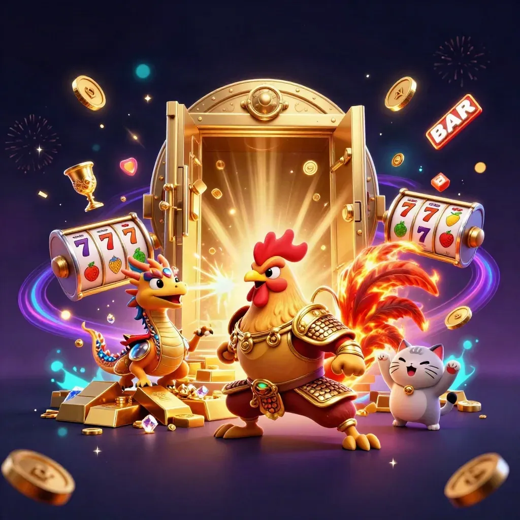 Rooster warrior, dragon hatchling and fortune cat in a cosmic vault burst with coins, gems and fireworks.