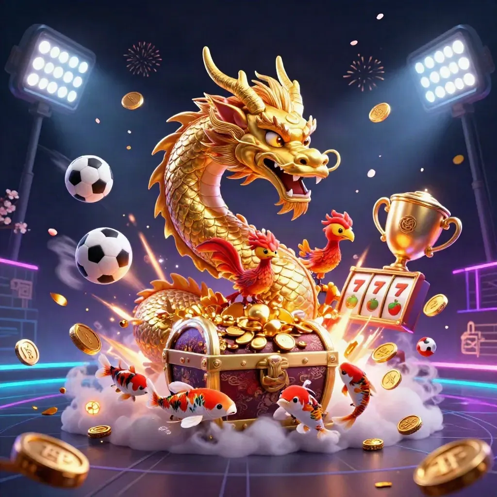 Golden dragon, phoenix, koi, coins and neon casino effects bursting in a cosmic slot scene.