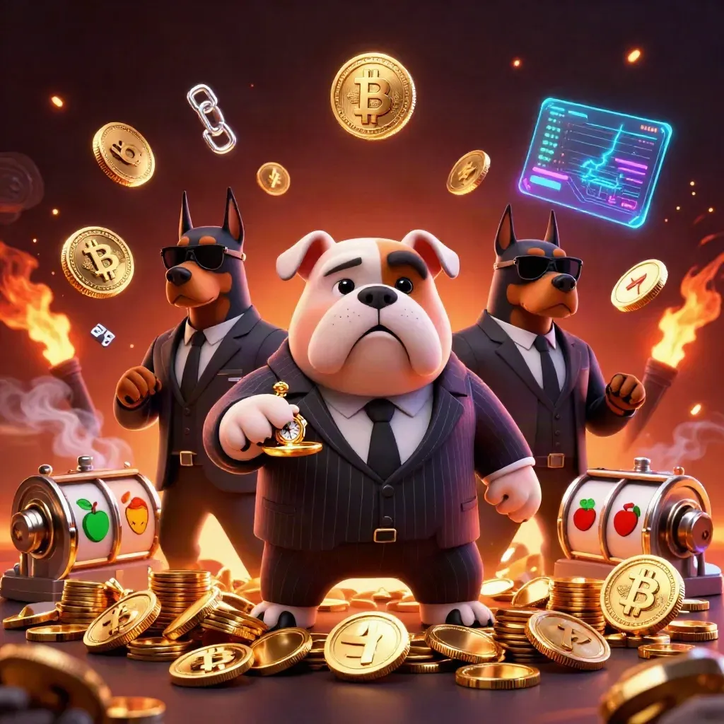 Bulldog mafia boss with Doberman guards amid exploding coins, crypto symbols, and neon slot effects.