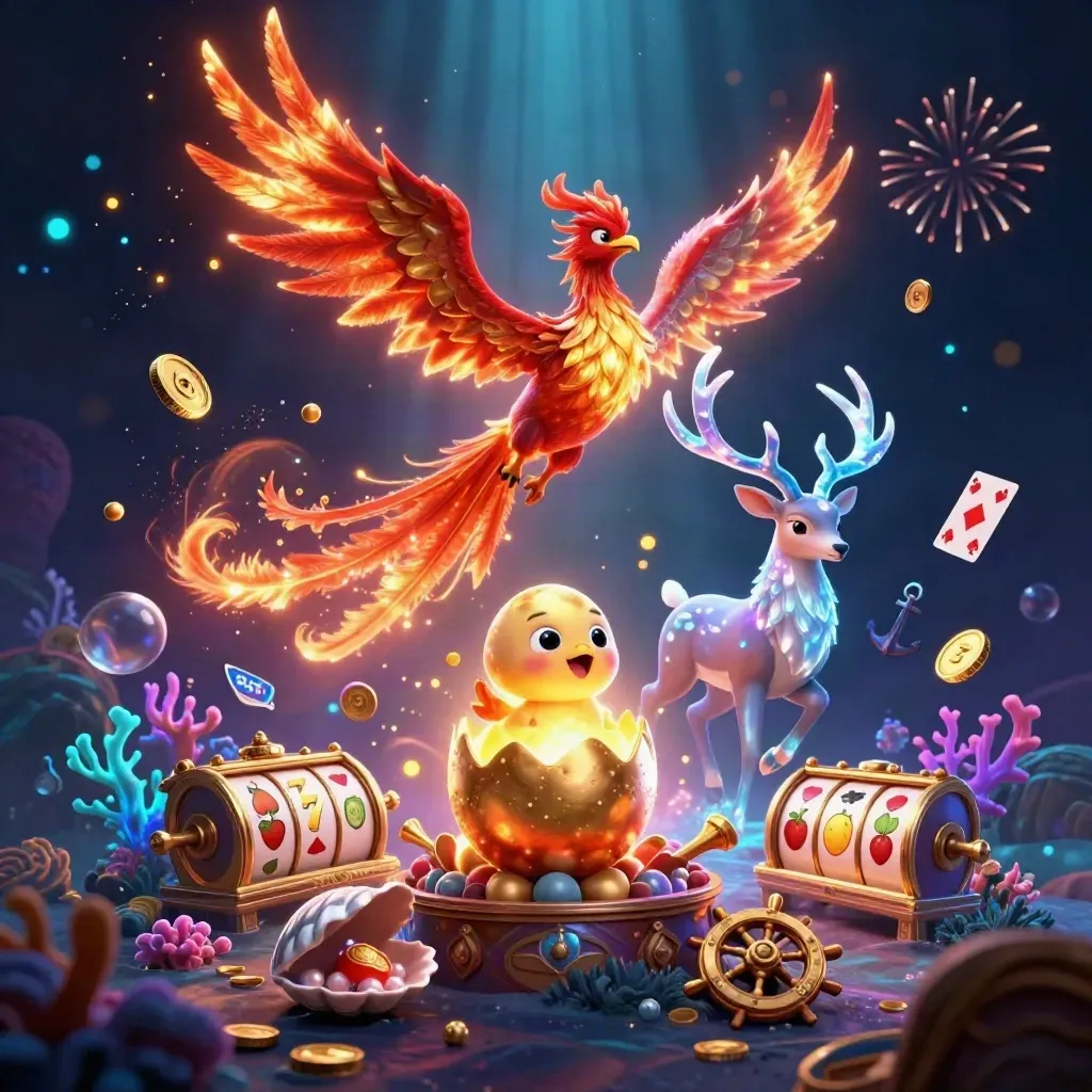 Phoenixes and a crystal stag burst through coins in a neon treasure cove