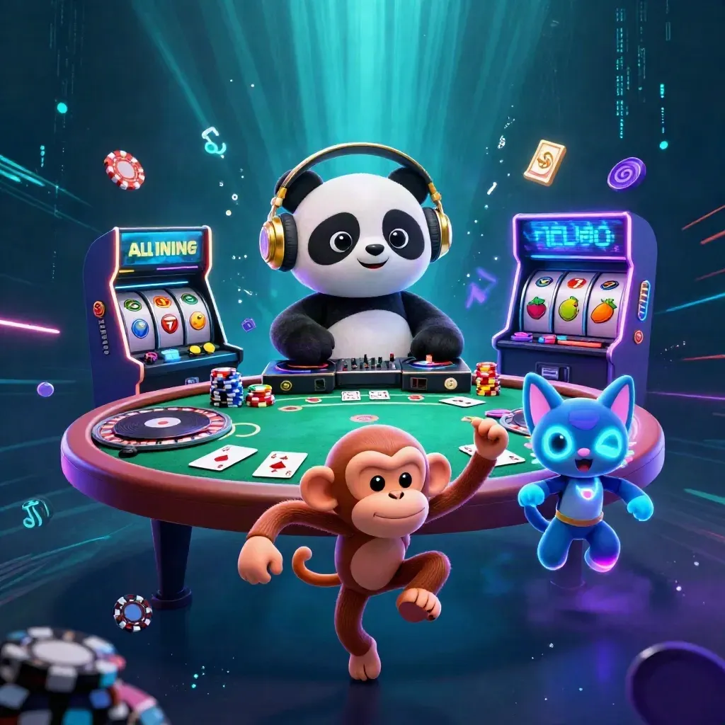 DJ panda, monkey, and glow-stick kitten amid casino chips, reels, and neon space effects.