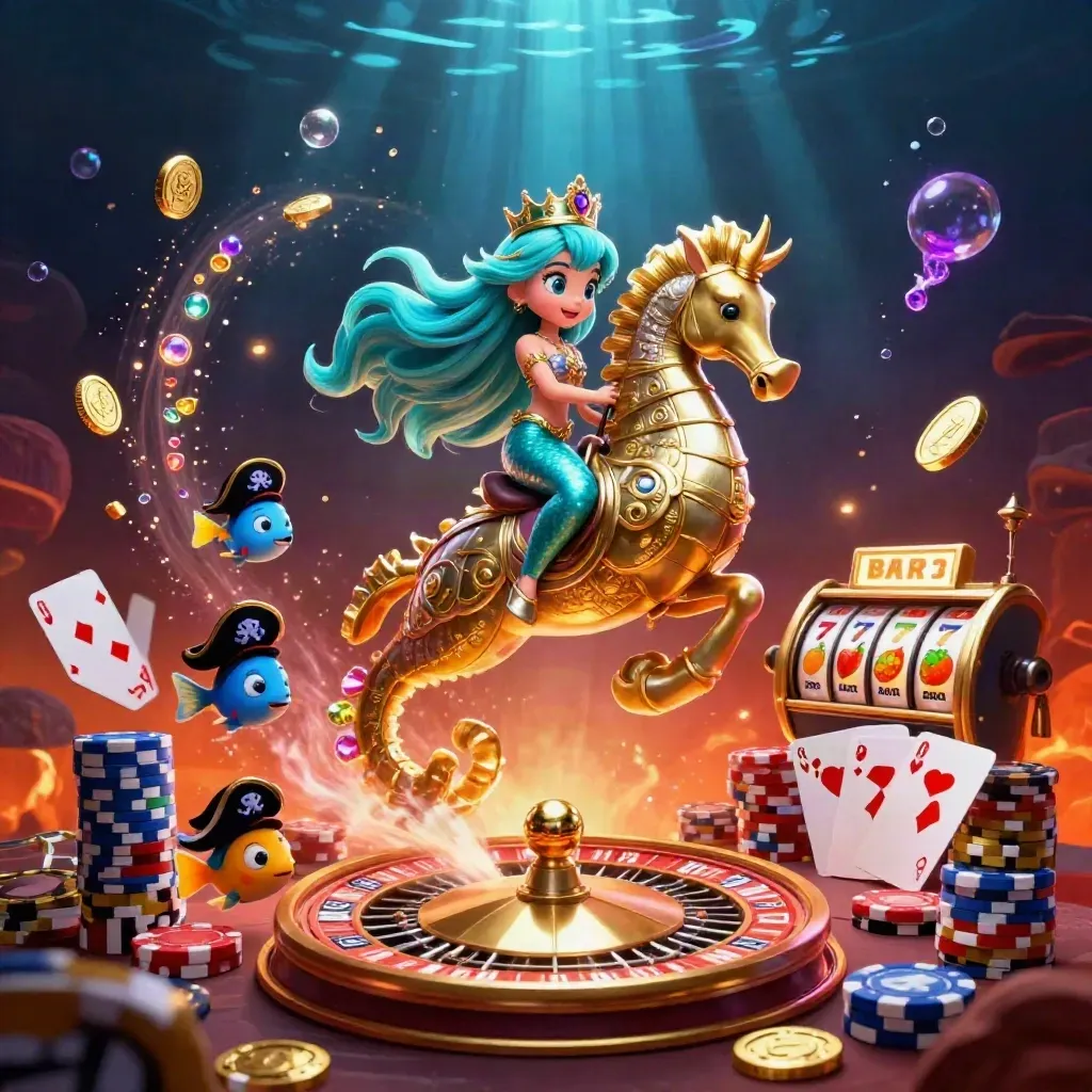 Mermaid princess rides an armored seahorse amid casino coins, chips, roulette, cards and neon sea glow.