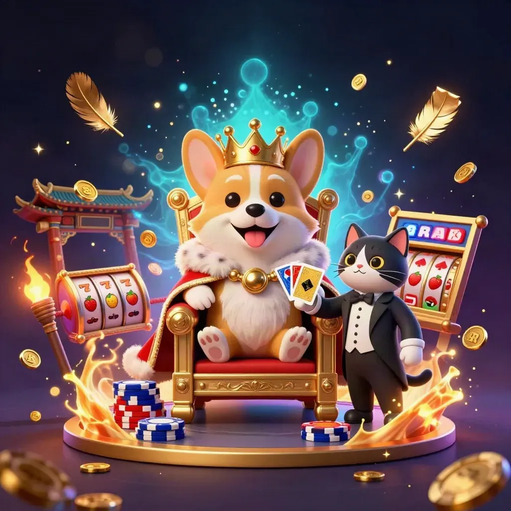 Royal corgi on chip throne with cat butler, cosmic casino effects and glowing slot symbols.