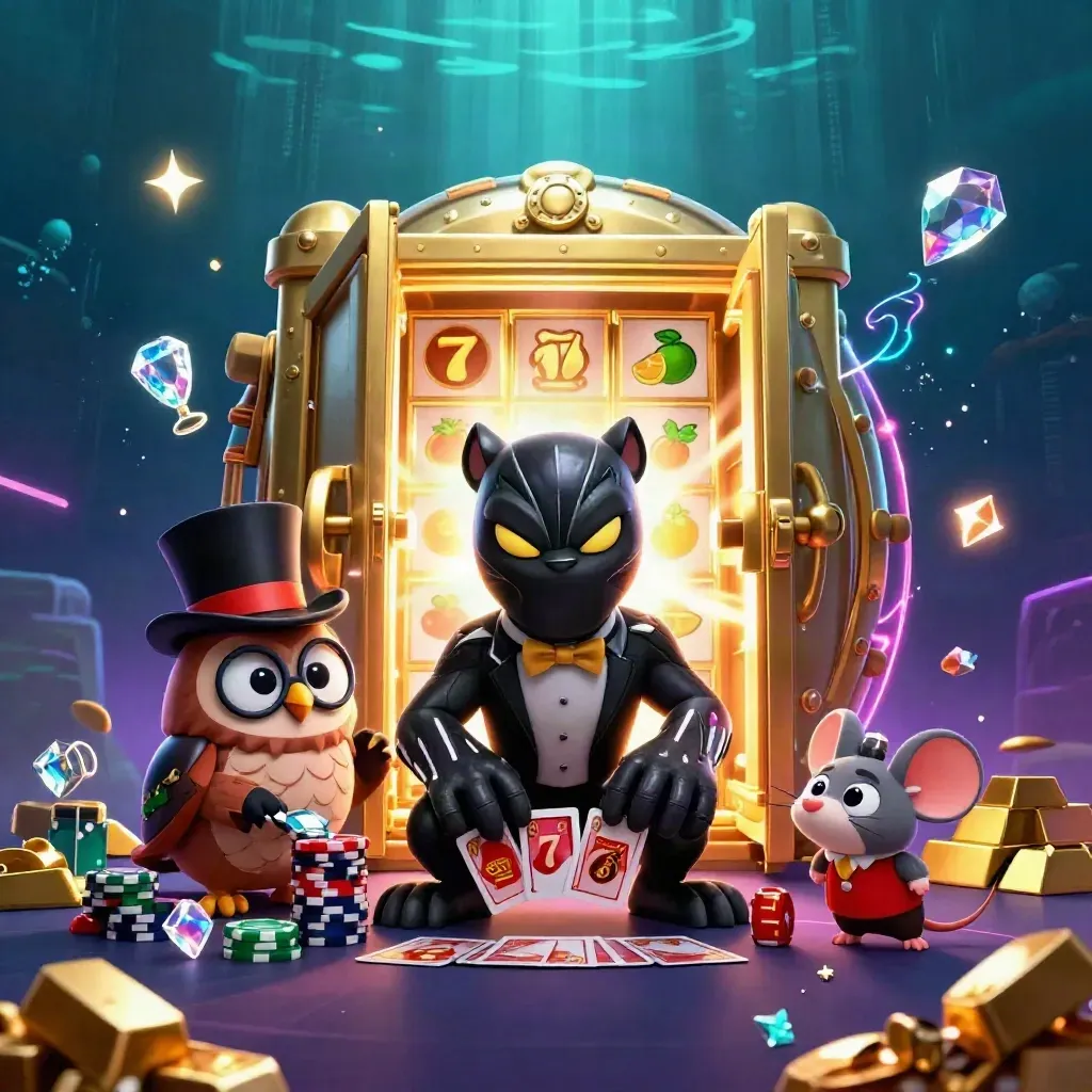 Panther, owl, and mouse by a glowing gold vault with neon casino effects