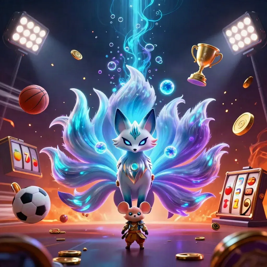 Nine-tailed fox spirit with armored mouse, neon orbs, sports balls, coins, and slot icons in cosmic glow.
