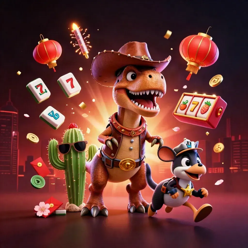 Cowboy T-Rex, cactus sidekick, and sheriff roadrunner burst amid neon casino space effects.