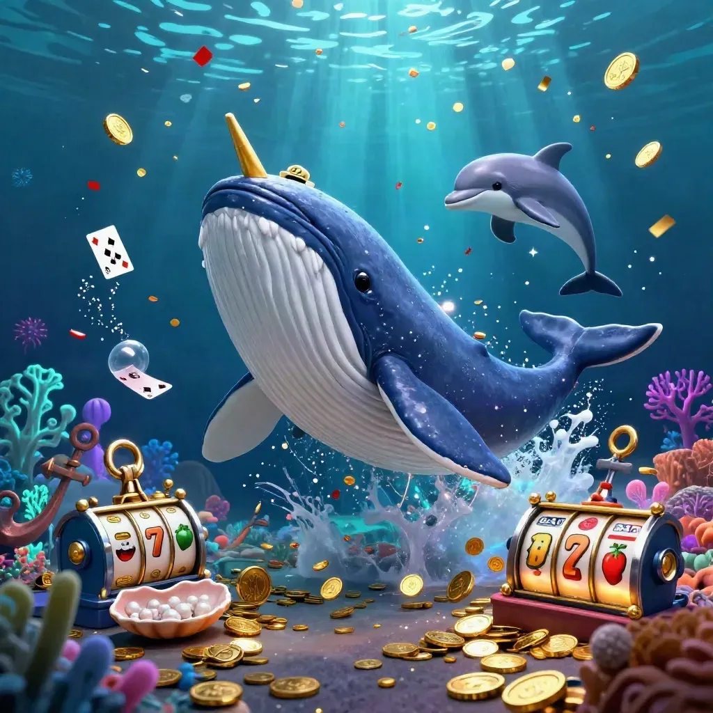 Whale captain, narwhal, and dolphins burst through coins in a glowing cosmic treasure cove.