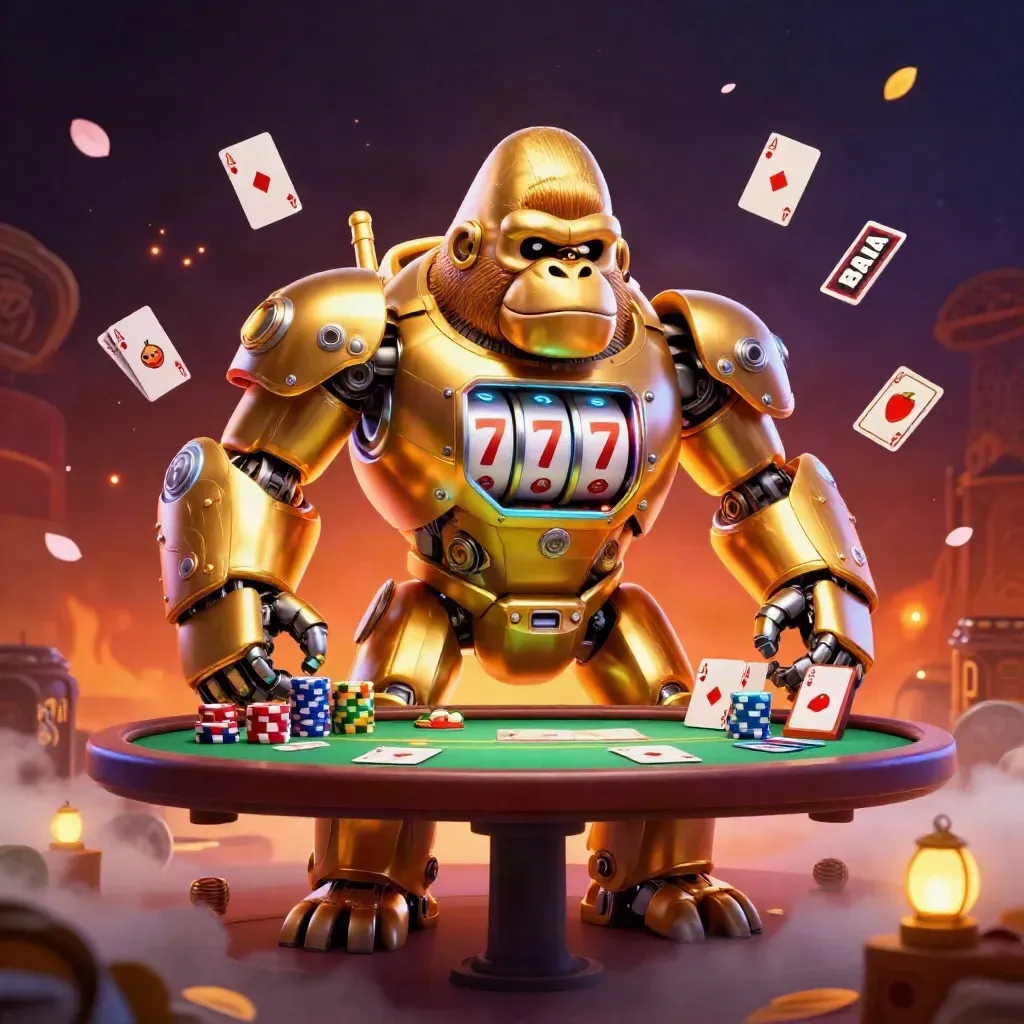 Golden gorilla mech with tiny monkey pilot amid chips, cards, and neon casino sparks.