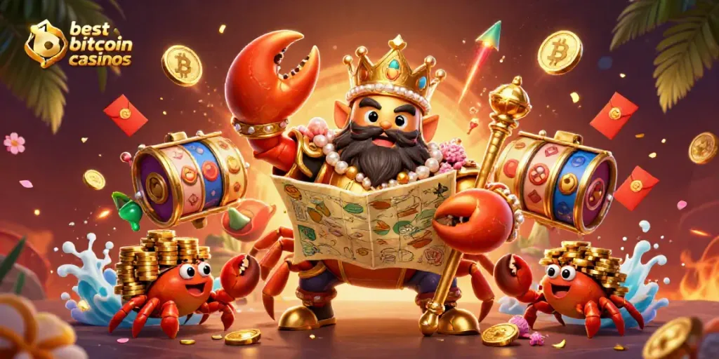 Experience the excitement of the best bitcoin casinos with a lavish golden crab emperor and blockchain-rich atmosphere.