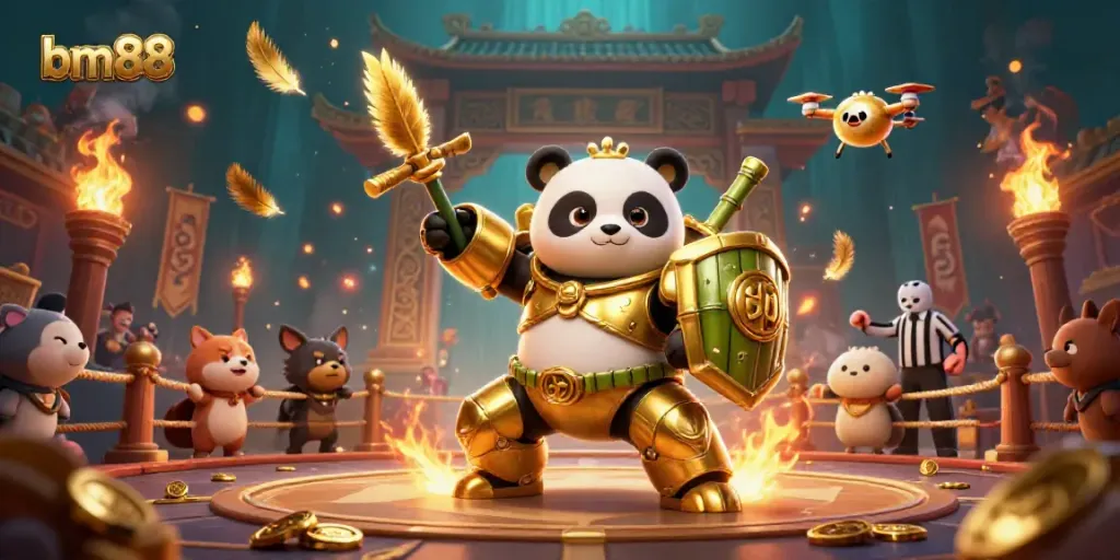 Watch the thrilling action of bm88, where a mech-suit panda battles in a vibrant casino arena filled with gold.