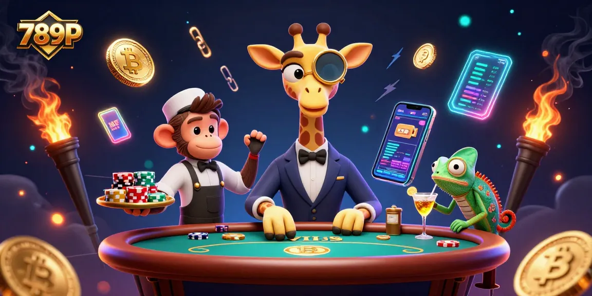 Experience the excitement of 789P with a high-roller giraffe enjoying poker and crypto-themed elements.