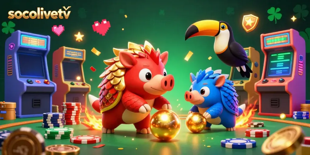 Engage in vibrant gaming with Socolivetv, featuring rival pangolins in a casino-like atmosphere with poker chips and arcade games.
