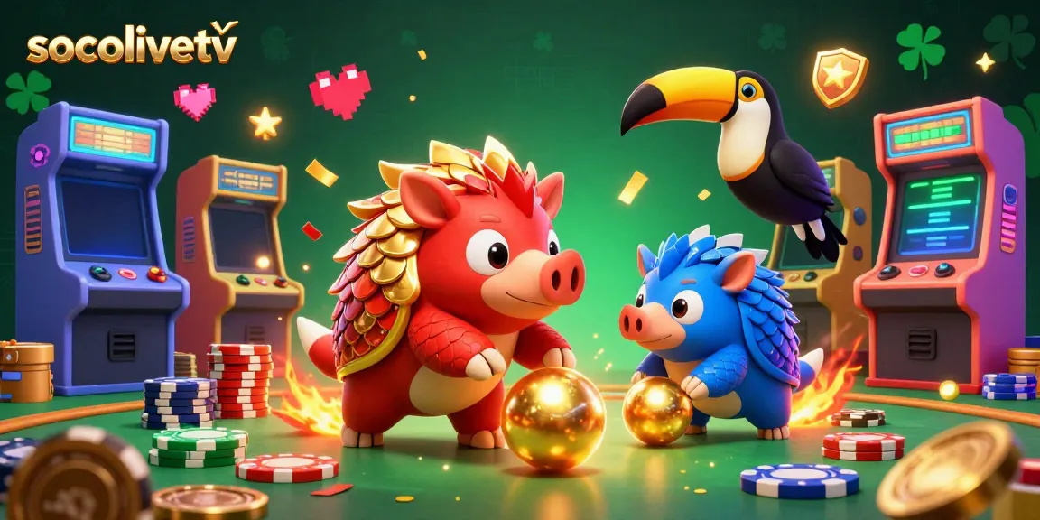 Engage in vibrant gaming with Socolivetv, featuring rival pangolins in a casino-like atmosphere with poker chips and arcade games.