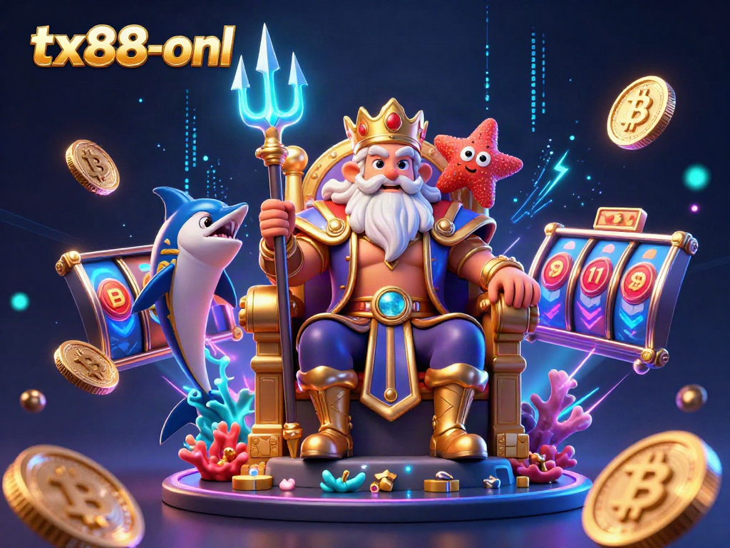 Engage in the vibrant gambling universe of tx88-onl featuring Neptune and crypto coins in a rich 3D scene.