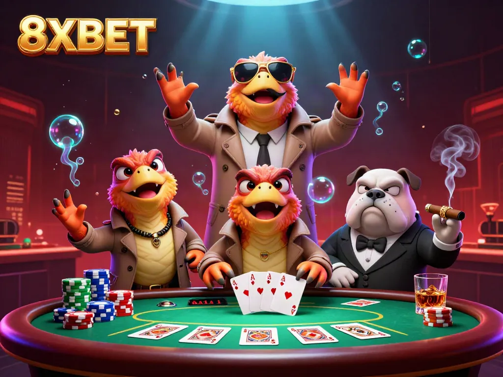 Experience the excitement of 8XBET as raptors charm the VIP casino entry, showcasing vibrant gaming elements.