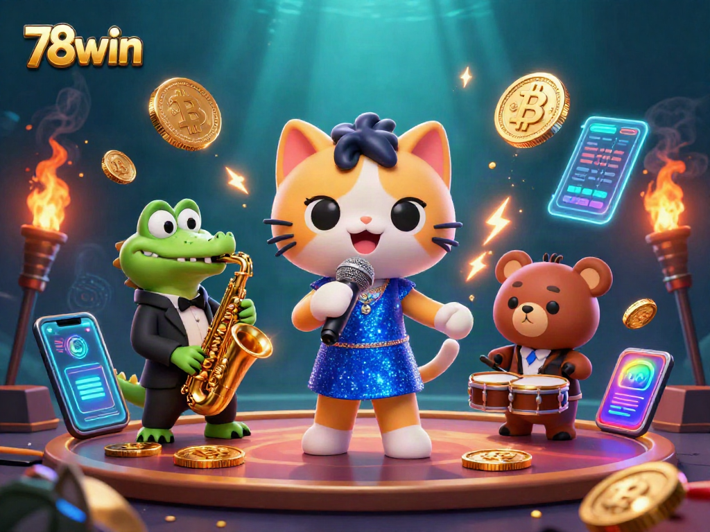 Engage with 78win's vibrant casino scene featuring lively characters and dynamic cryptocurrency elements.