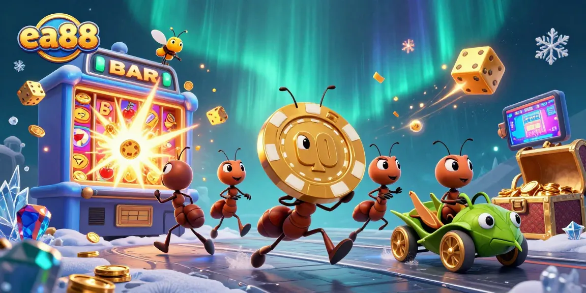 Win big with ea88 as ants pull off an elaborate heist for a massive poker chip, surrounded by exciting casino elements.